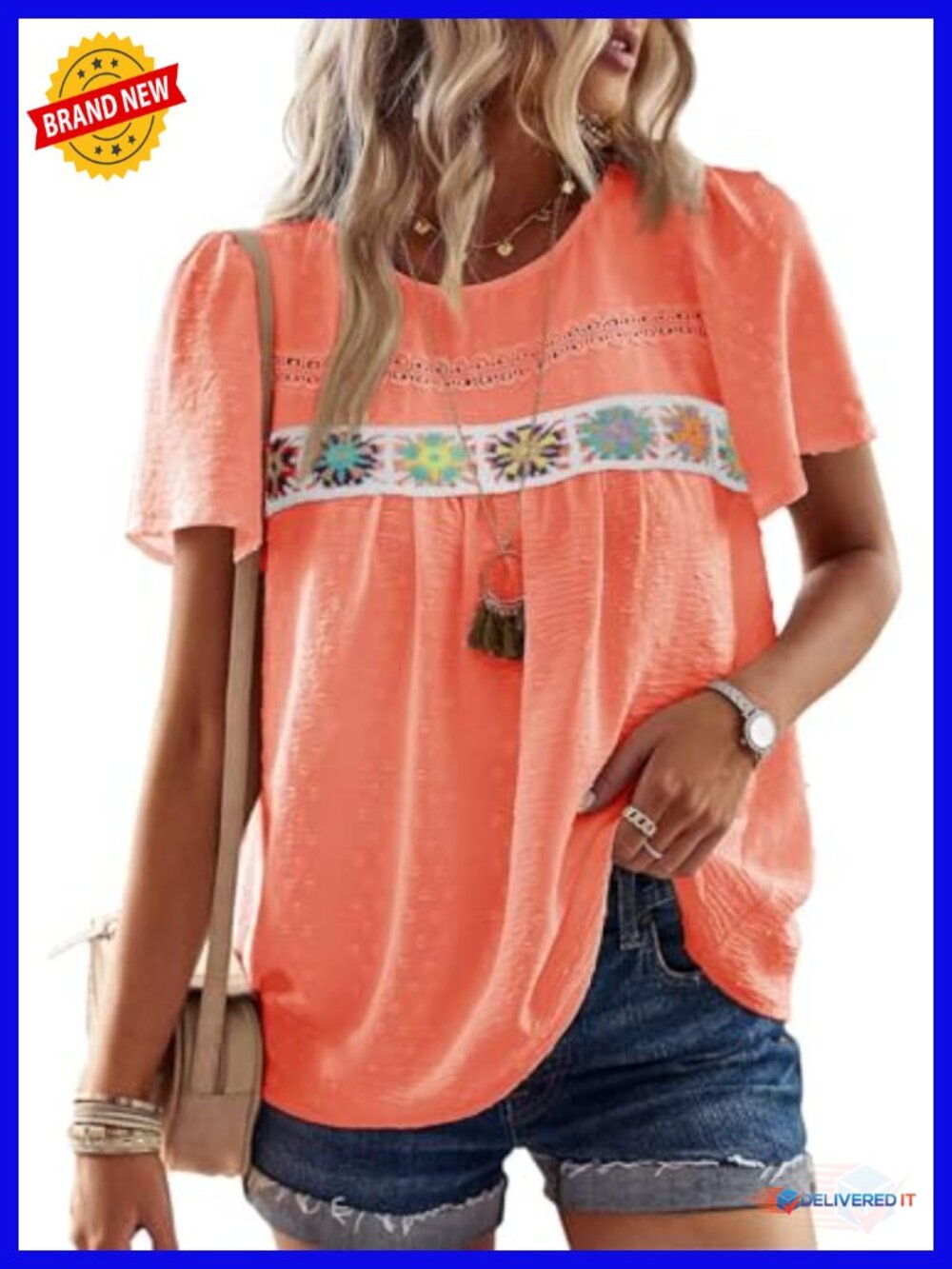 Women's Boho Flowy Short Sleeve Peasant Blouse Tunic Top